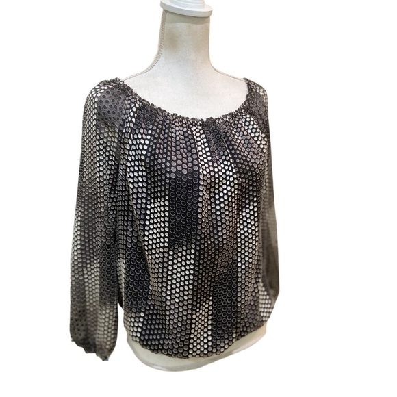 WHBM ombre polka dot peasant blouse black/ecru lined off the shoulder medium - Picture 7 of 12